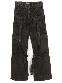 Kargo Cep Bol Wide Leg Paça Eskitme Retro Yüksek Bel Denim Jean Kadın Pantolon