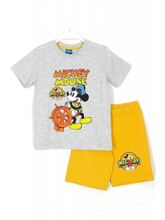 Mickey Mause Baskılı Erkek Çocuk Şortlu Takım. Üst Gri, Alt Sarı.