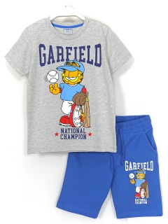 Garfield Baskılı Erkek Çocuk Yazlık Kapri Tişört Takım, Gri Mavi Renk.