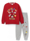 Disney Karakterleri Baskılı Unisex Çocuk Eşofman Takımı 3-9 Yaş Kırmızı Gri Renk.