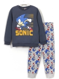 Bisiklet Yaka Sonic Baskılı Uzun Kollu Erkek Çocuk Pijama Takımı 3-10 Yaş Gri