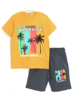 Summer Paradise Baskılı Erkek Çocuk Şort T-Shirt Takım, Sarı Renk.