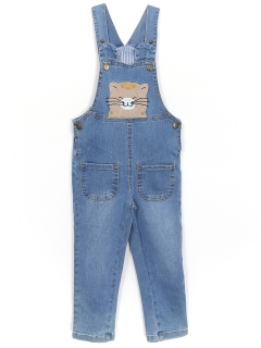 Ön ve Arkası Kedi Aplikeli Erkek Bebek & Çocuk Denim Salopet Mavi