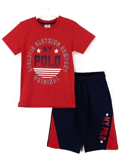 Ny Polo Baskılı Erkek Çocuk Kapri T-Shirt 2'li Takım Kırmızı