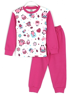 Kuş Desenli Pamuklu Kız Çocuk Pijama Takımı Pembe